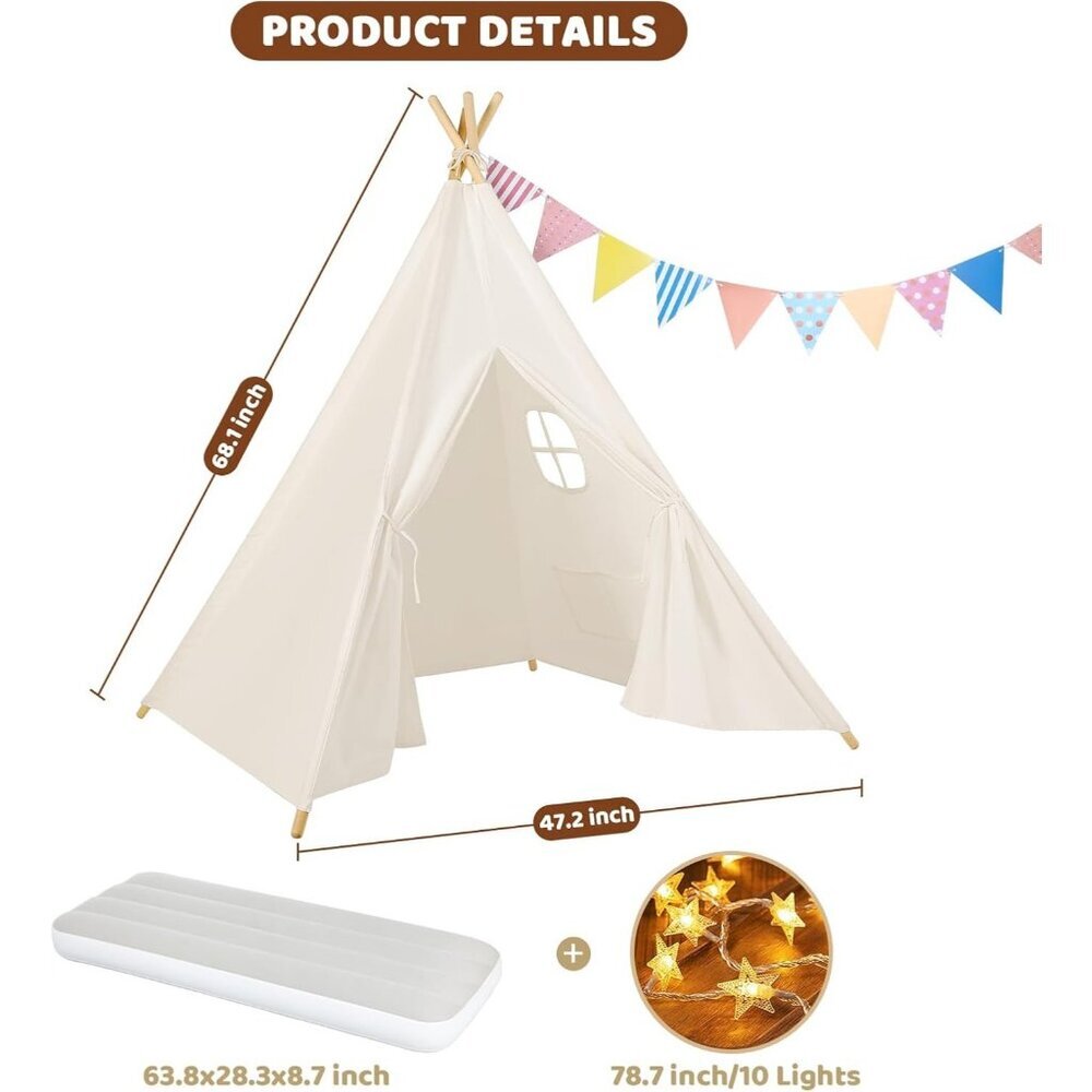 4 Pack Teepee Tent for Kids Slumber Party with Inflatable Airbeds & Lights - Picture 3 of 6